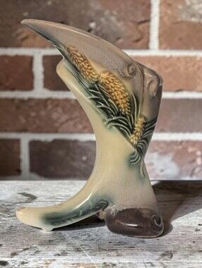 Vtg 50's Hull Pottery Ceramic Vase Cornucopia Design 8" Mid-century Chipped